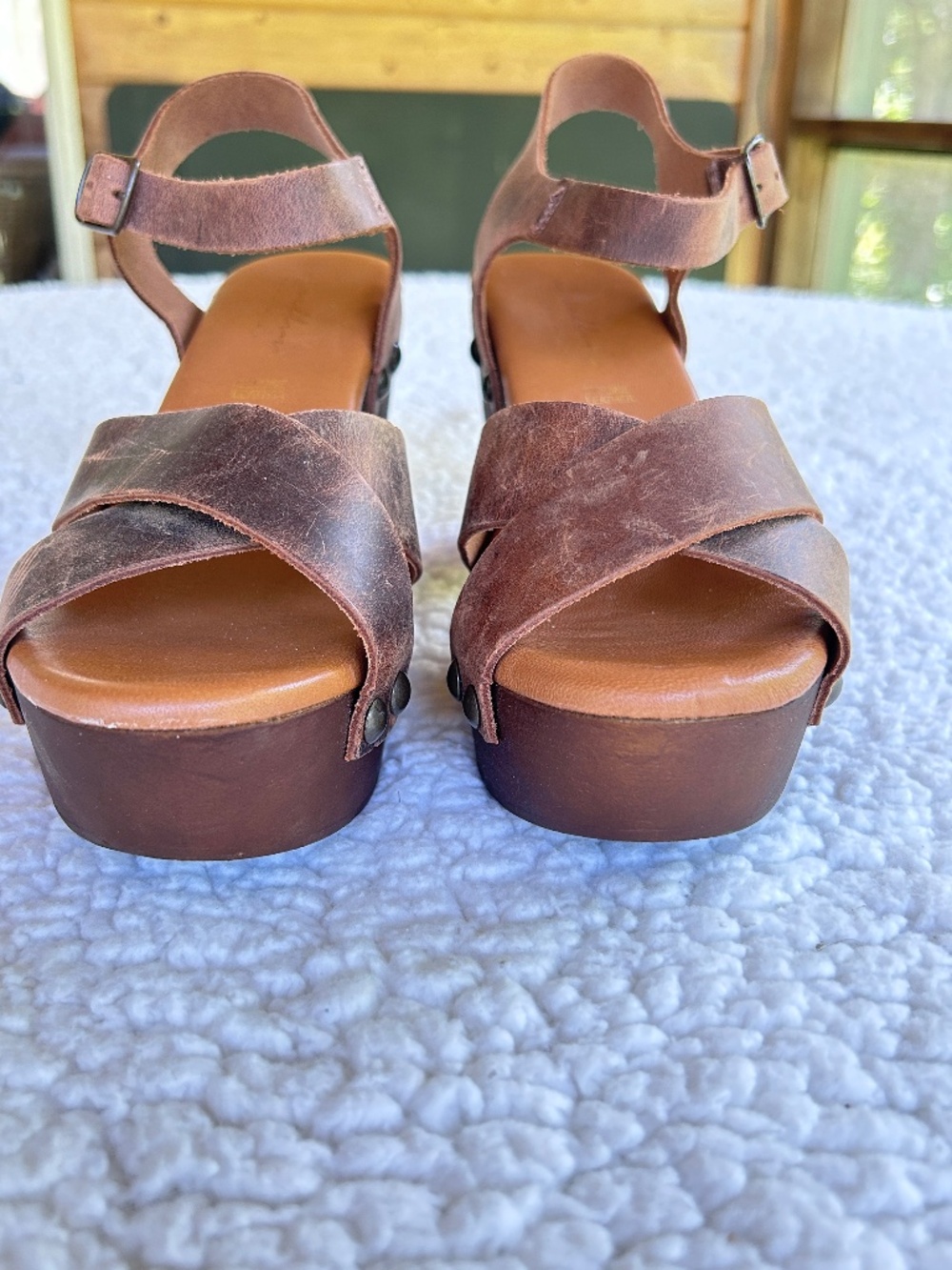 Brown Leather Boho Platform Clog Sandals Heels EU 38/US 8.5-9